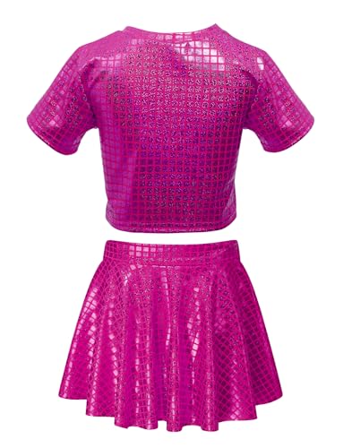 Happy Cherry Girls shiny dance top with skirt Toddler Metallic Short Sleeve Cheerleading Crop Top Pleated Ruffle Skirt Jazz Hip Hop Performance Outfits - Image 3