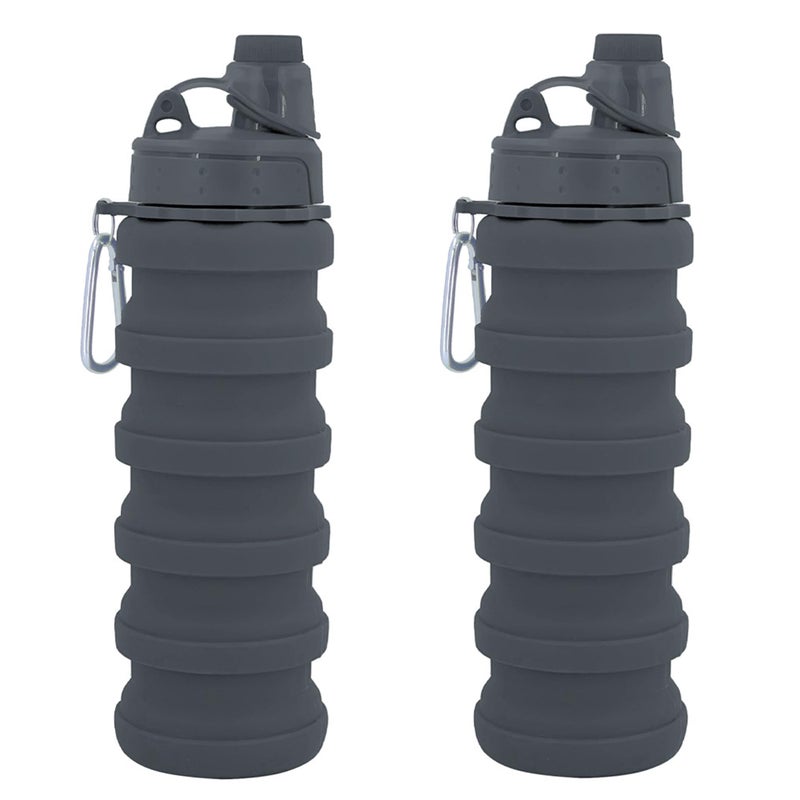 YCTMALL Collapsible Water Bottles Two Pack Travel Sports Portable Sport Water Bottle comes with mountaineering Buckle 500ml silicone Water-proof camping water bottle (Grey and Grey Color) - Image 1