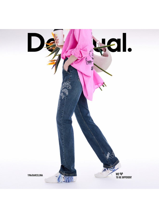DESIGUAL 25 Autumn/Winter New Collection Denim Line Illustration Embroidered Long Women'S Jeans - Image 5