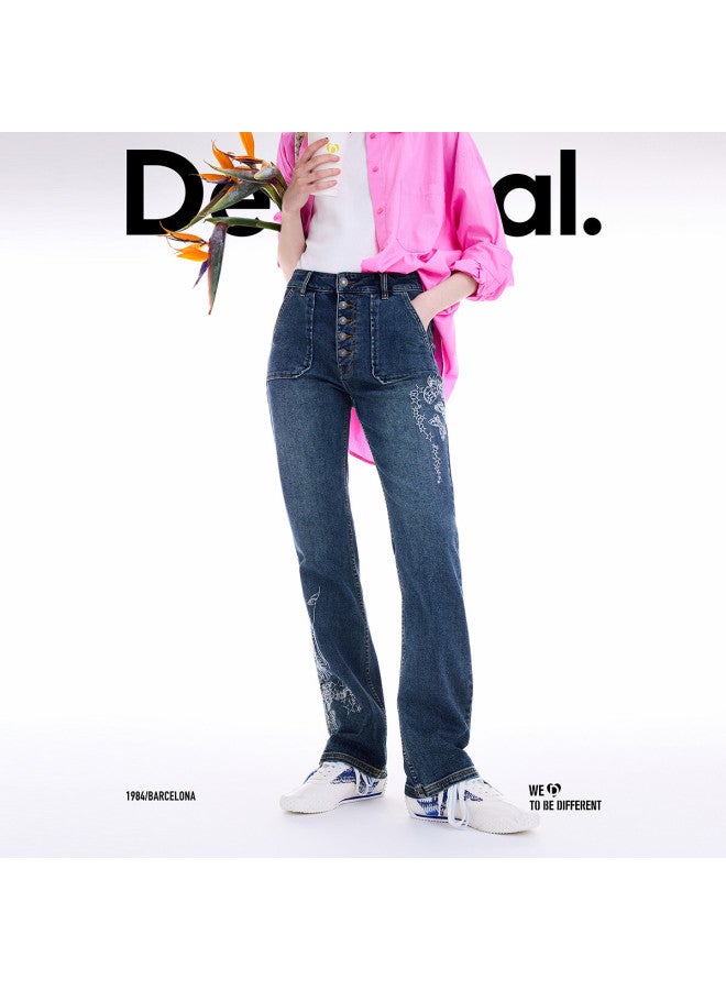 DESIGUAL 25 Autumn/Winter New Collection Denim Line Illustration Embroidered Long Women'S Jeans - Image 4
