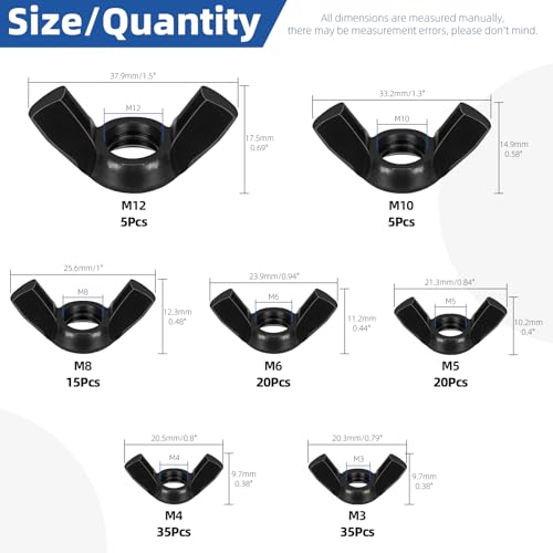 Glarks 135Pcs M3 M4 M5 M6 M8 M10 M12 Black Wing Nuts Assortment Kit 7 Sizes High Strength Carbon Steel Butterfly Nuts Metric Wing Bolt Fasteners Hand Twist Tighten Ear Wing Nuts - Image 3