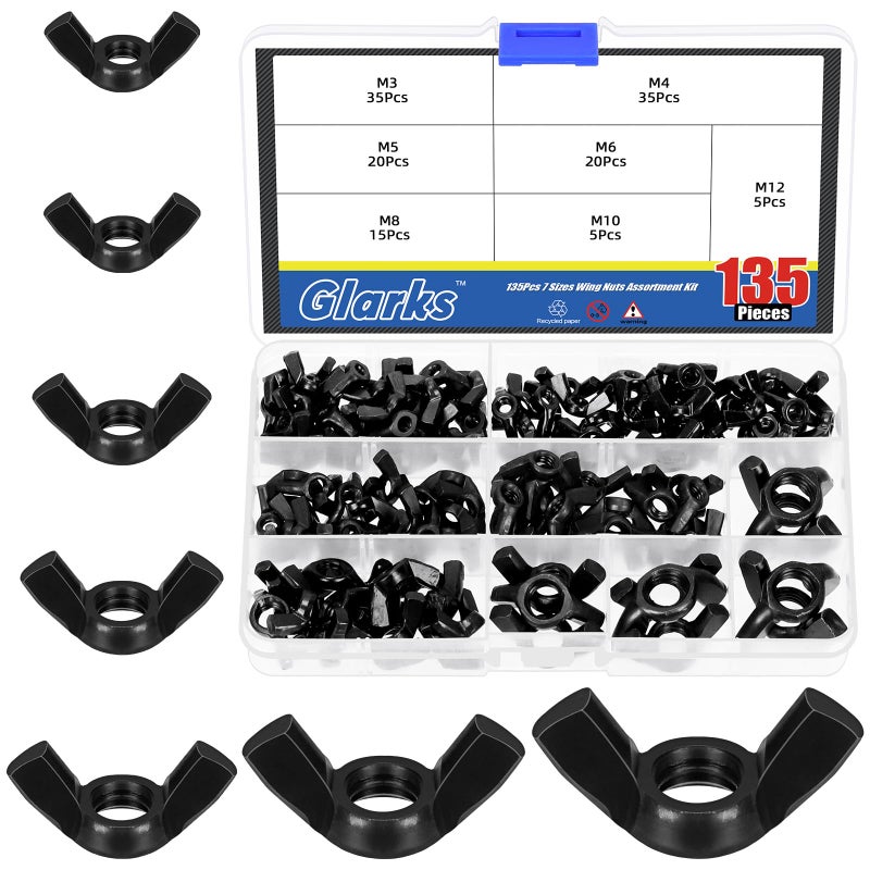 Glarks 135Pcs M3 M4 M5 M6 M8 M10 M12 Black Wing Nuts Assortment Kit 7 Sizes High Strength Carbon Steel Butterfly Nuts Metric Wing Bolt Fasteners Hand Twist Tighten Ear Wing Nuts - Image 2