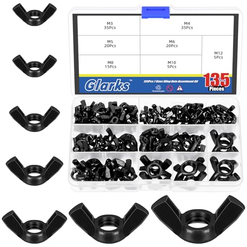Glarks 135Pcs M3 M4 M5 M6 M8 M10 M12 Black Wing Nuts Assortment Kit 7 Sizes High Strength Carbon Steel Butterfly Nuts Metric Wing Bolt Fasteners Hand Twist Tighten Ear Wing Nuts - Image 1