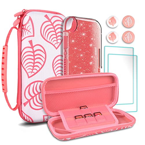 TIKOdirect Carrying Case for Nintendo Switch lite, Shockproof Portable Travel Bag with Glitter Galaxy cover, Screen Protectors and Cute Leaf Thumb Grips Caps, Animal Crossing Pink - Image 1