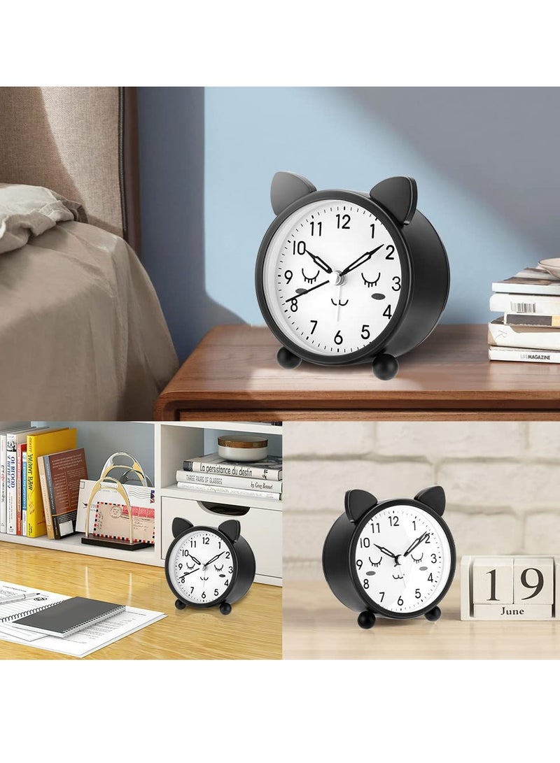Kids Alarm Clock, 3.11" Cute Round Metal Cat Alarm Clock, with Warm Night Light Non-Ticking Classic Alarm Clock Battery Operated Simple Alarm Clock for Girls Boys for Bedroom Bedside Desk Black