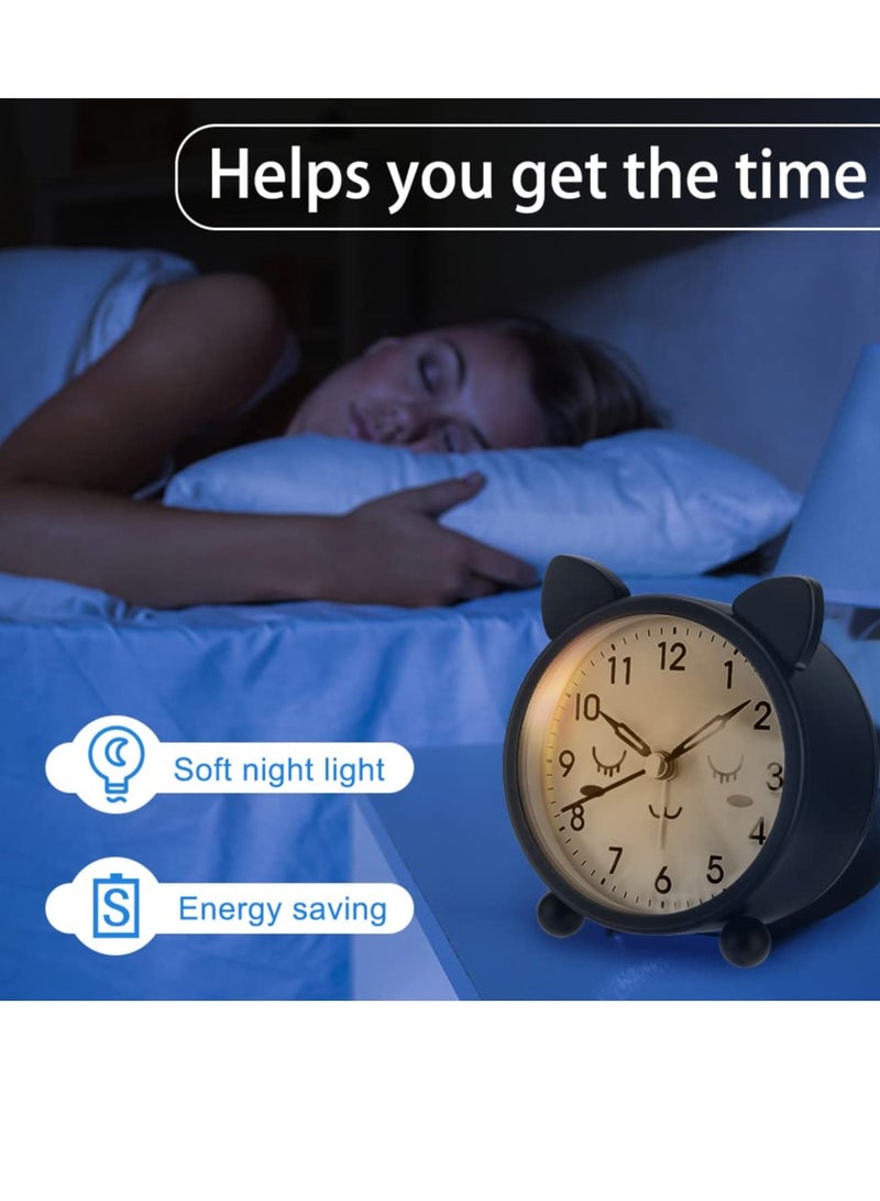 Kids Alarm Clock, 3.11" Cute Round Metal Cat Alarm Clock, with Warm Night Light Non-Ticking Classic Alarm Clock Battery Operated Simple Alarm Clock for Girls Boys for Bedroom Bedside Desk Black