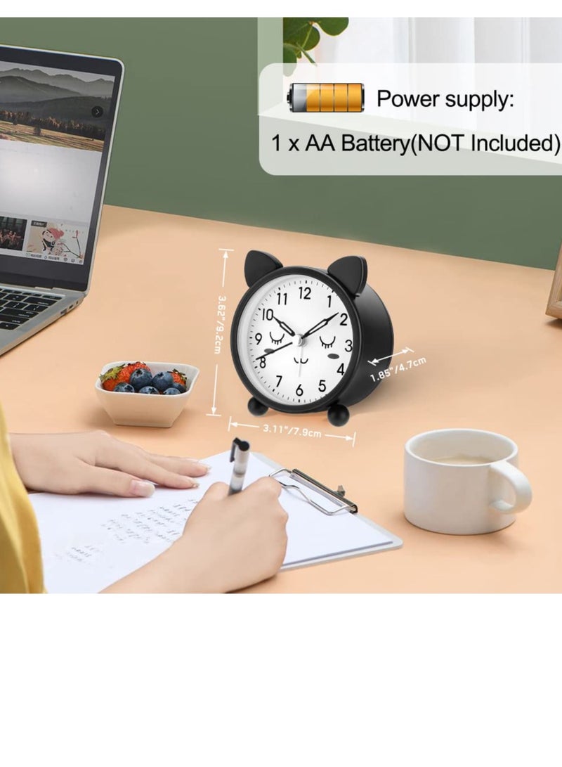 Kids Alarm Clock, 3.11" Cute Round Metal Cat Alarm Clock, with Warm Night Light Non-Ticking Classic Alarm Clock Battery Operated Simple Alarm Clock for Girls Boys for Bedroom Bedside Desk Black