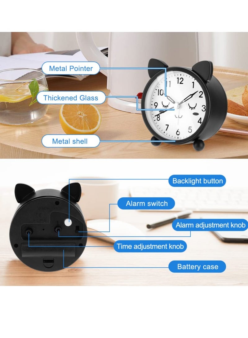 Kids Alarm Clock, 3.11" Cute Round Metal Cat Alarm Clock, with Warm Night Light Non-Ticking Classic Alarm Clock Battery Operated Simple Alarm Clock for Girls Boys for Bedroom Bedside Desk Black