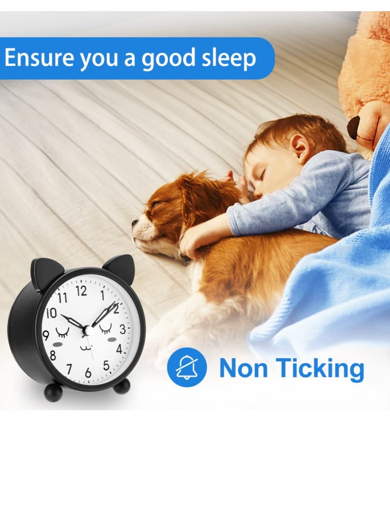 Kids Alarm Clock, 3.11" Cute Round Metal Cat Alarm Clock, with Warm Night Light Non-Ticking Classic Alarm Clock Battery Operated Simple Alarm Clock for Girls Boys for Bedroom Bedside Desk Black