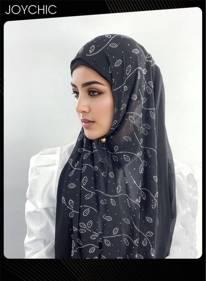 Joychic Diamond Leaf Pattern Pearl Chiffon Skin-friendly Women Muslim Headwear Wearable Traditional Wear Long Head Scarf for All Seasons One Size - Image 1