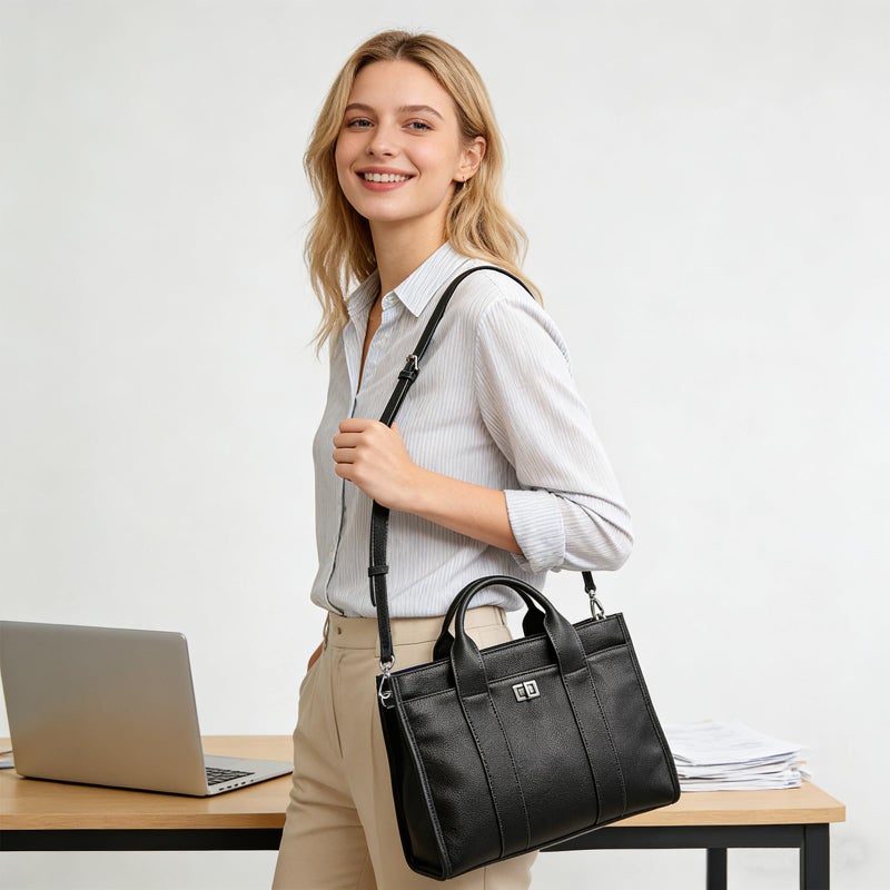 BOYATU Genuine Leather Tote Bag for Women: Leather Work Bag with Compartments Handbags - Ladies Satchel Crossbody Shoulder Purse for Office (01 Medium-Obsidian Black) - Image 2