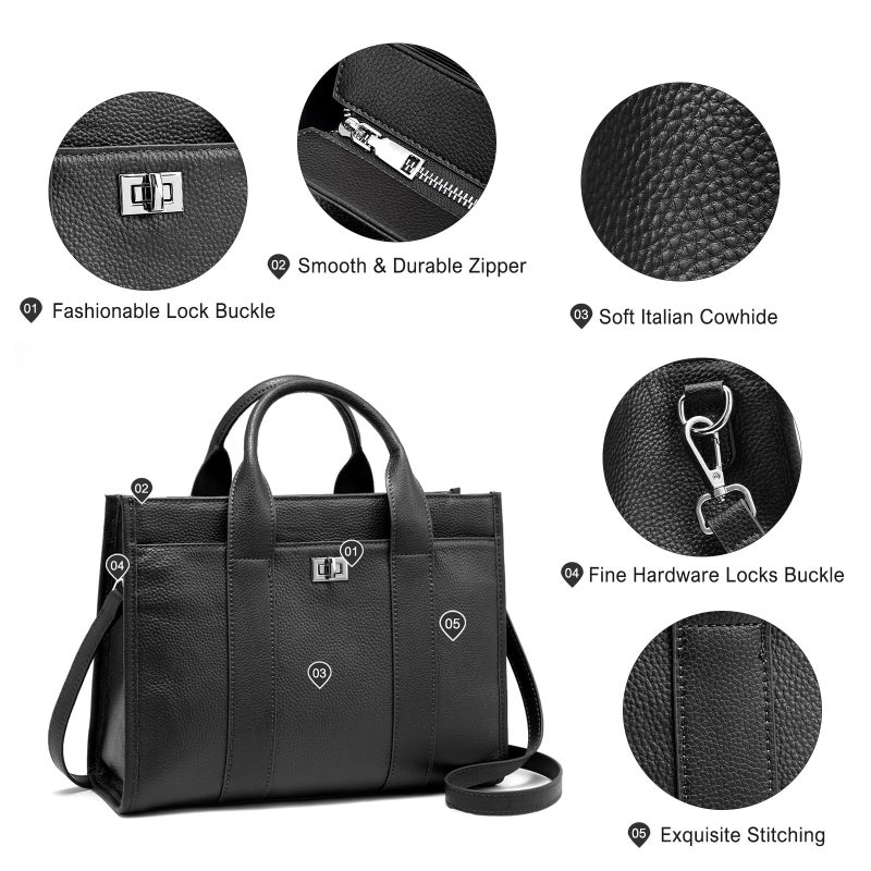 BOYATU Genuine Leather Tote Bag for Women: Leather Work Bag with Compartments Handbags - Ladies Satchel Crossbody Shoulder Purse for Office (01 Medium-Obsidian Black) - Image 4