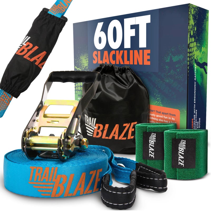 Trailblaze Complete Ninja Slackline Kit - 60ft Long Slack Line for Backyard for Kids & Adults with Ratchet Straps, Wider Tree Protectors - Slackline Kit for Ninja Warrior Obstacle Course for Kids Outdoor Playset - Image 1