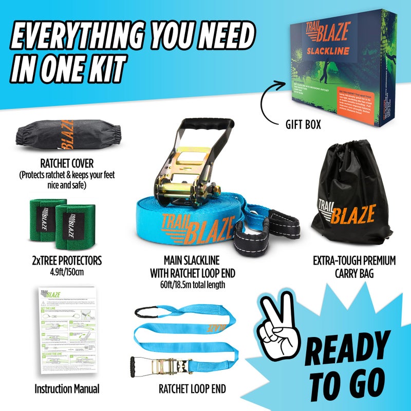 Trailblaze Complete Ninja Slackline Kit - 60ft Long Slack Line for Backyard for Kids & Adults with Ratchet Straps, Wider Tree Protectors - Slackline Kit for Ninja Warrior Obstacle Course for Kids Outdoor Playset - Image 3