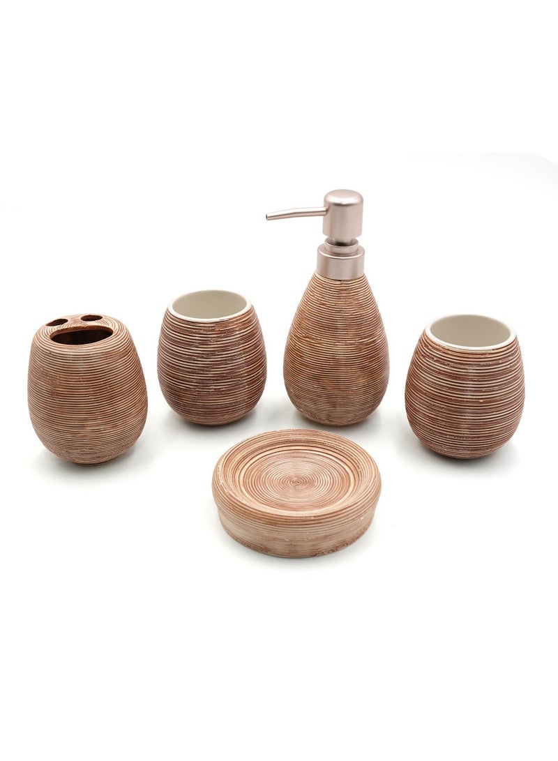 5-Piece Rustic Brown Ceramic Bathroom Accessories Set , Textured Horizontal Stripes , Includes Soap Dispenser, Toothbrush Holder, Dual Tumblers & Soap Dish , Handcrafted Look for Modern, Boho & Natural Bathroom Décor - Image 1