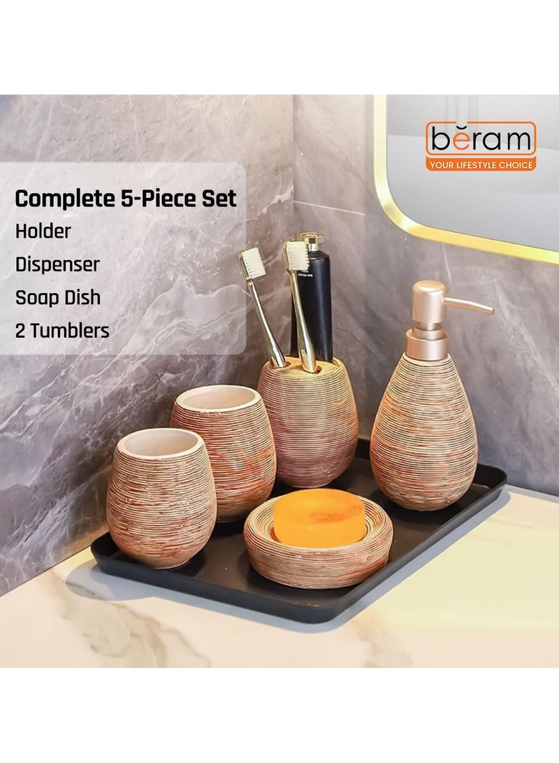 5-Piece Rustic Brown Ceramic Bathroom Accessories Set , Textured Horizontal Stripes , Includes Soap Dispenser, Toothbrush Holder, Dual Tumblers & Soap Dish , Handcrafted Look for Modern, Boho & Natural Bathroom Décor - Image 2