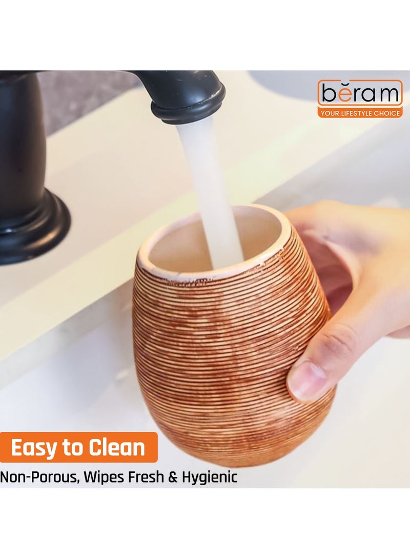 5-Piece Rustic Brown Ceramic Bathroom Accessories Set , Textured Horizontal Stripes , Includes Soap Dispenser, Toothbrush Holder, Dual Tumblers & Soap Dish , Handcrafted Look for Modern, Boho & Natural Bathroom Décor - Image 4