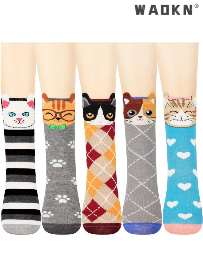 WAOKN 5pcs women Cat Socks Cute Middle Socks , Women's Cute Animal Socks Gifts , suitable for Women , Wife , Mom , Girlfriend and Daughter , soft and comfortable , fashion and cartoon cute , cotton material . - Image 1