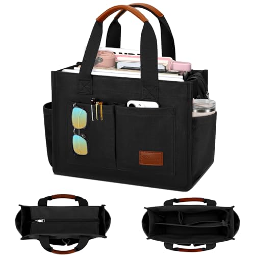 KKXIU Large Canvas Tote Bag for Women with Zipper and Compartments Crossbody Work Bible Messenger Purse Bag With Pockets - Plus Black - Image 1