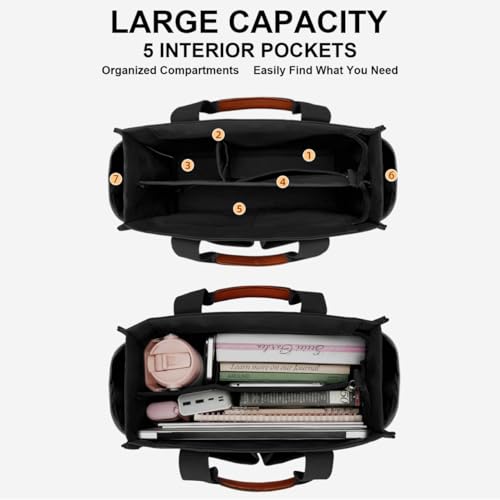 KKXIU Large Canvas Tote Bag for Women with Zipper and Compartments Crossbody Work Bible Messenger Purse Bag With Pockets - Plus Black - Image 3