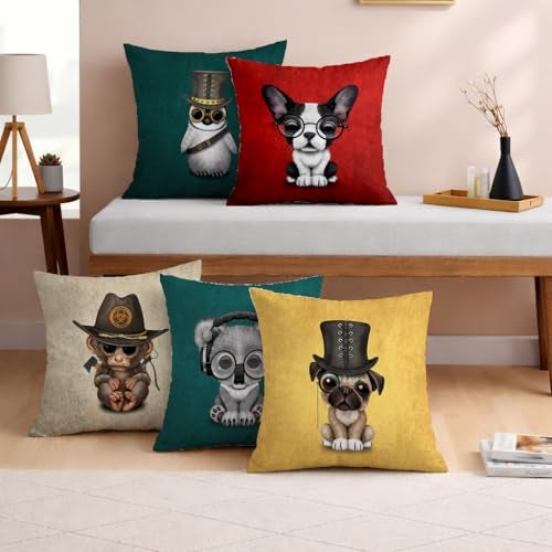 STITCHNEST Set of 5 Funky Friends Collection Printed Jute Cushion Covers 12x12 Inches | Decorative Throw Pillow Covers for Sofa, Living Room, Bedroom | Perfect for Home Decor - Image 1