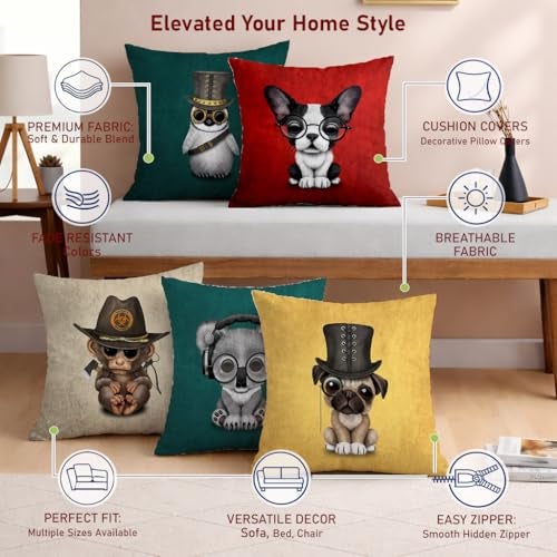STITCHNEST Set of 5 Funky Friends Collection Printed Jute Cushion Covers 12x12 Inches | Decorative Throw Pillow Covers for Sofa, Living Room, Bedroom | Perfect for Home Decor - Image 4