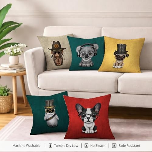STITCHNEST Set of 5 Funky Friends Collection Printed Jute Cushion Covers 12x12 Inches | Decorative Throw Pillow Covers for Sofa, Living Room, Bedroom | Perfect for Home Decor - Image 5