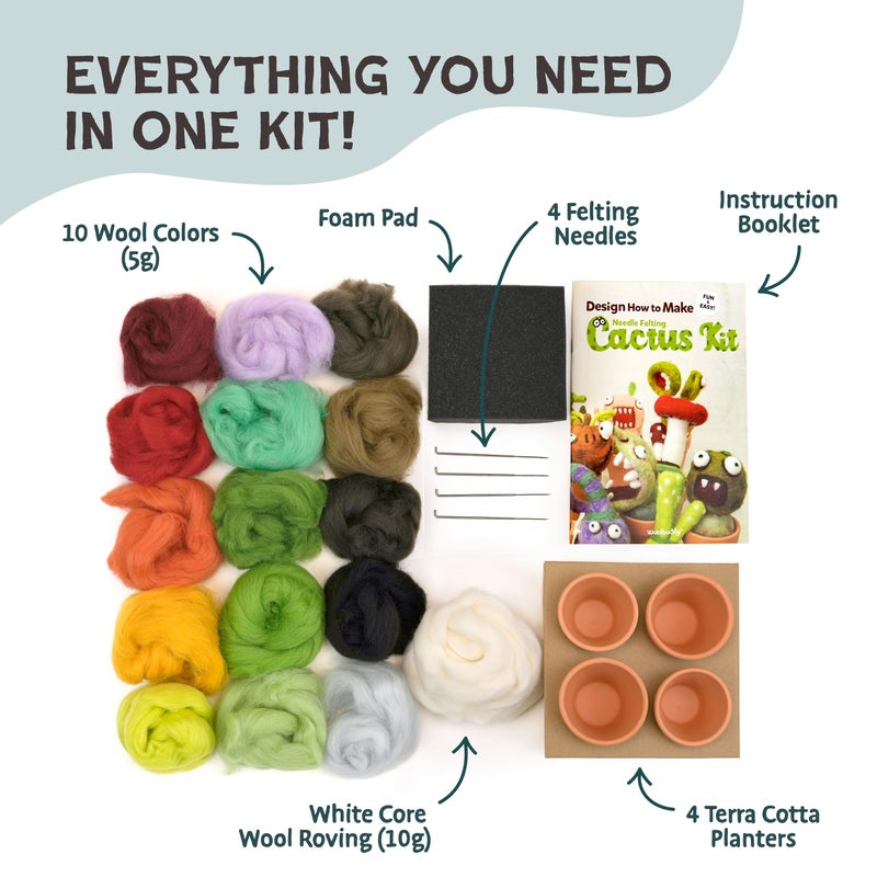 Woolbuddy Needle Felting Kit â€“ Cactus & Succulent Felting Kit for Adults & Beginners, Beginner Needle Felting Kit with Wool Roving, Felting Needles, Foam Pad & Clay Pots | Cute DIY Craft Kit Gift - Image 3