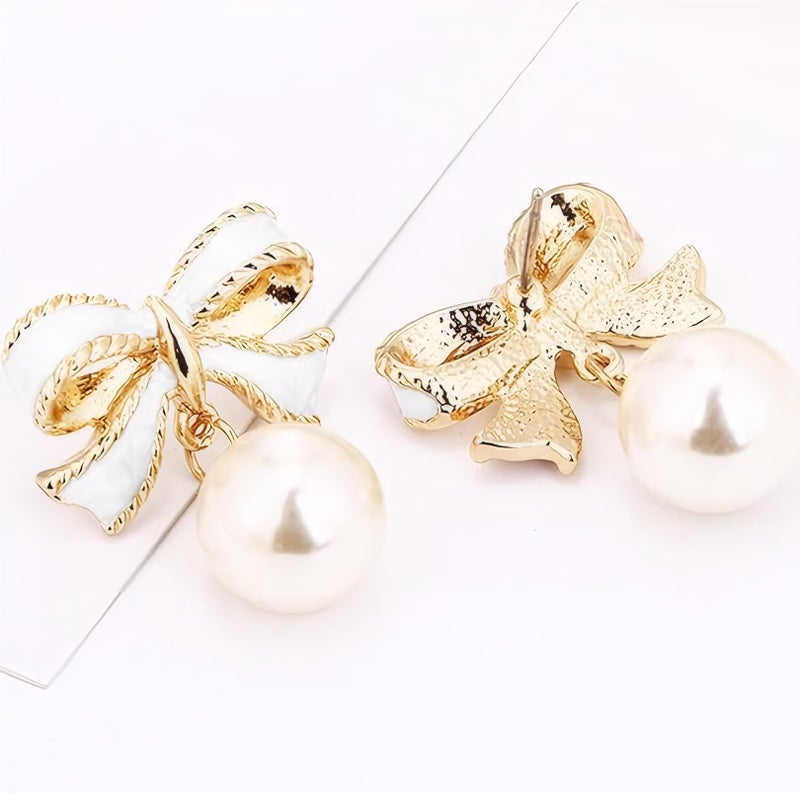 ecozran Dainty Pearl Bow Earrings White Pearl Bow Stud Earrings Christmas Party Holiday Jewelry Gifts for Women (White-L) - Image 2