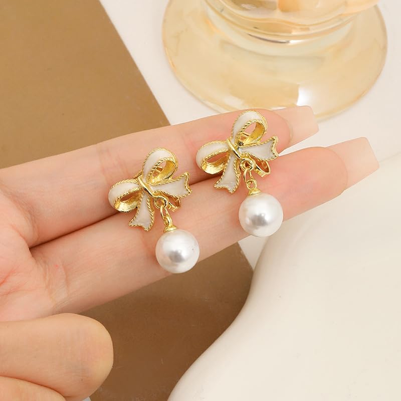ecozran Dainty Pearl Bow Earrings White Pearl Bow Stud Earrings Christmas Party Holiday Jewelry Gifts for Women (White-L) - Image 3