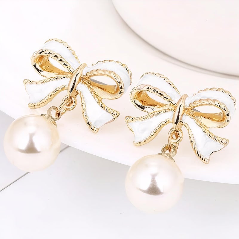 ecozran Dainty Pearl Bow Earrings White Pearl Bow Stud Earrings Christmas Party Holiday Jewelry Gifts for Women (White-L) - Image 1