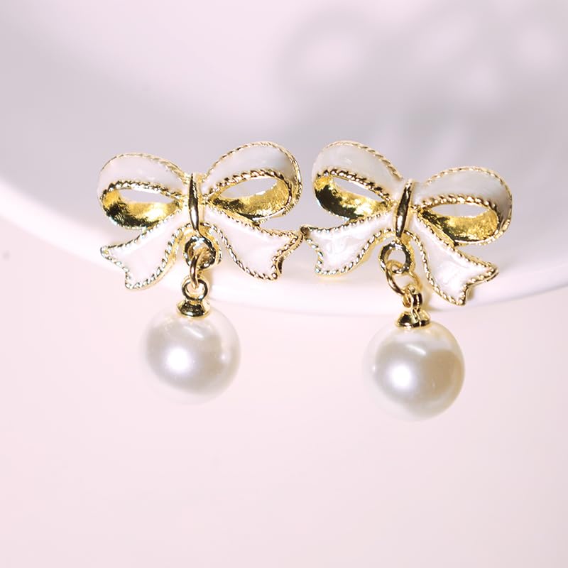 ecozran Dainty Pearl Bow Earrings White Pearl Bow Stud Earrings Christmas Party Holiday Jewelry Gifts for Women (White-L) - Image 5