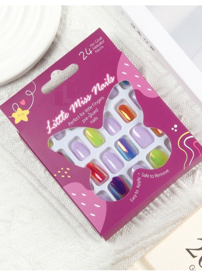 24 Pcs Children Acrylic False Nails Press on Pre-glue Full Cover Glitter Gradient Color Rainbow Short Kids Stick On False Nail Art Kits Set for Kids Little Girls - Image 1
