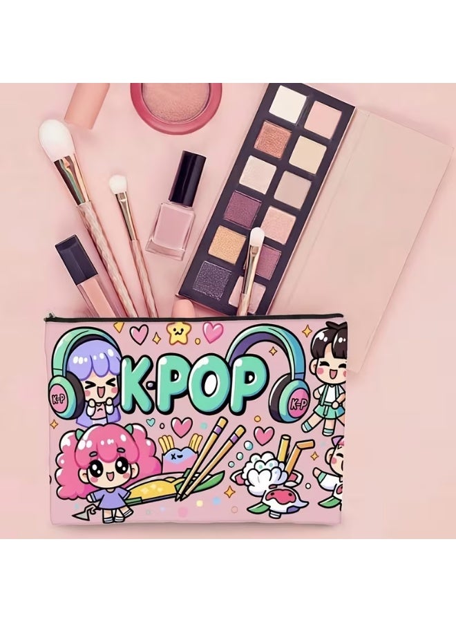 كيبوب حقيبة مكياج KPOP Huntrix ميرا رومي زوي - حقيبة مستحضرات تجميل كورية مزدوجة الجوانب | حقيبة سفر خفيفة الوزن من الكتان مع سحاب | منظم مكياج Kpop لطيف هدية للنساء والفتيات والمراهقات - Image 1