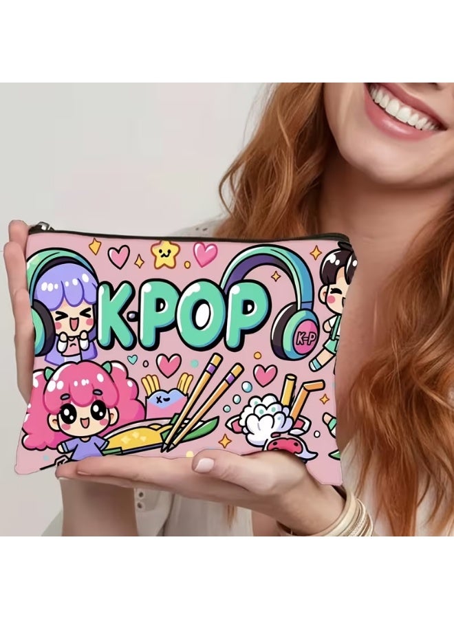 كيبوب حقيبة مكياج KPOP Huntrix ميرا رومي زوي - حقيبة مستحضرات تجميل كورية مزدوجة الجوانب | حقيبة سفر خفيفة الوزن من الكتان مع سحاب | منظم مكياج Kpop لطيف هدية للنساء والفتيات والمراهقات - Image 2