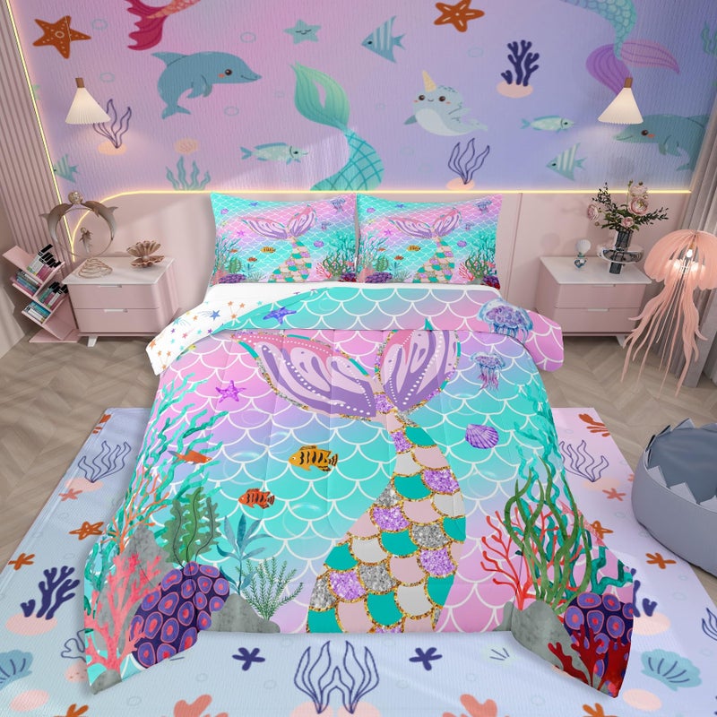 Erosebridal Erosebridal Mermaid Tail Comforter SetKids Fish Scales Duvet Stuffing FullGirly Rainbow Bedding Set Ocean Life Sea Animal Bed Quilt Teal Sequins Pastel Pink Paillette Bedroom DecorMulticolor 