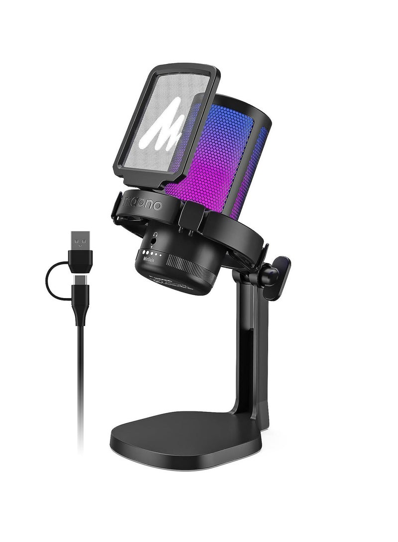 Maono MAONO DM20 USB Gaming Microphone for PC Noise Cancellation Condenser Mic with RGB Lights Mute Streaming Recording and Podcast GamerWave Black  - Image 1