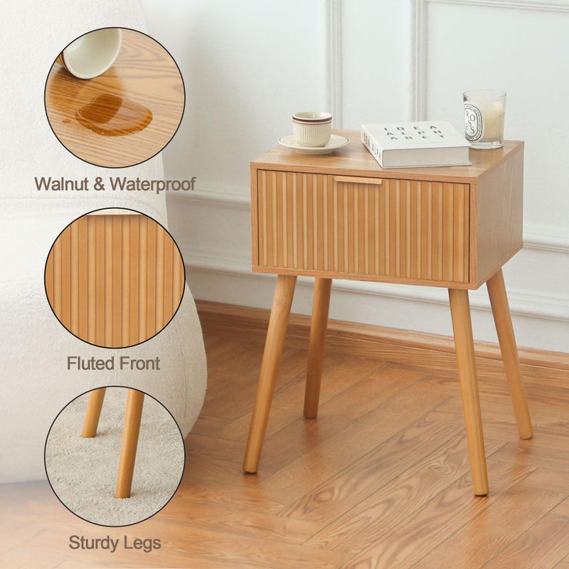 AWASEN Fluted Nightstand, Small Bedside Table with Storage Drawer, Accent End Table Living Room for Bedroom and Small Space, Brown - Image 4