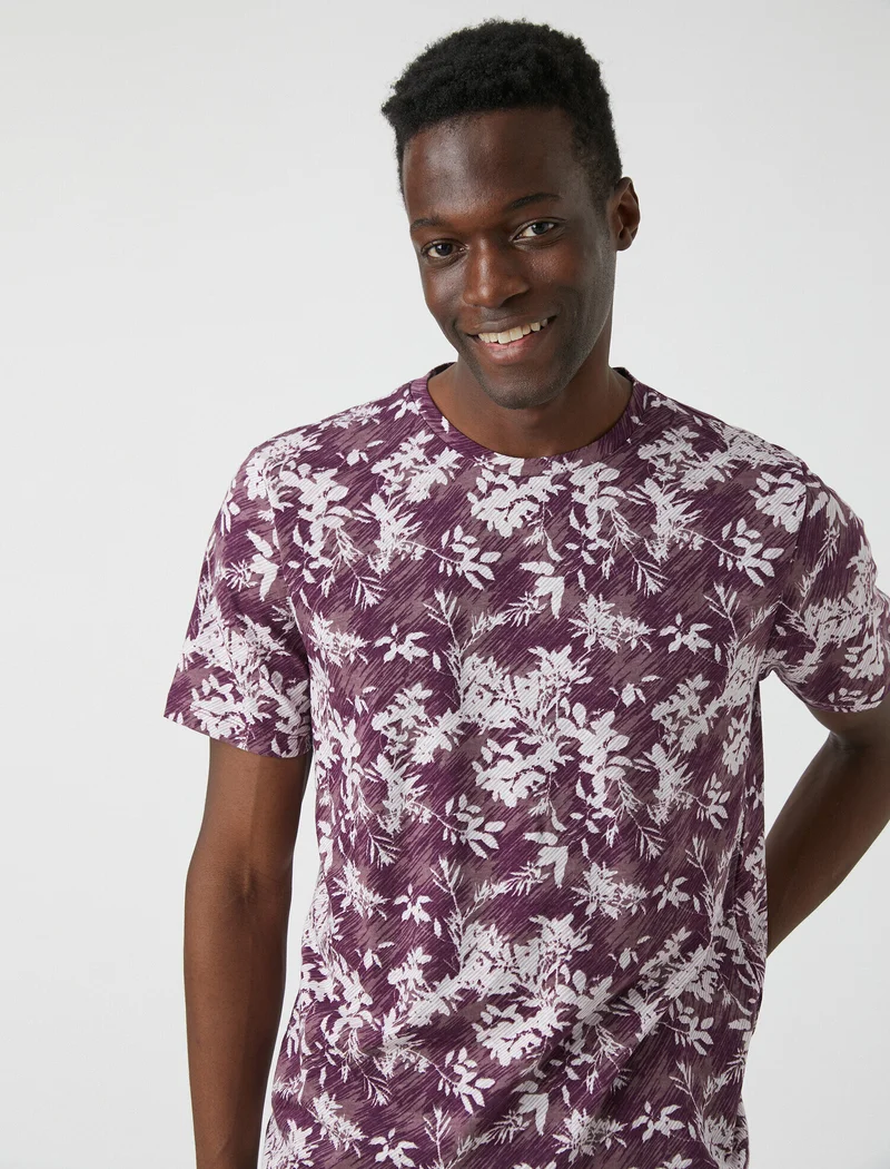 KOTON Men’s Purple Floral Print T-Shirt – Casual Summer Crew Neck Tee