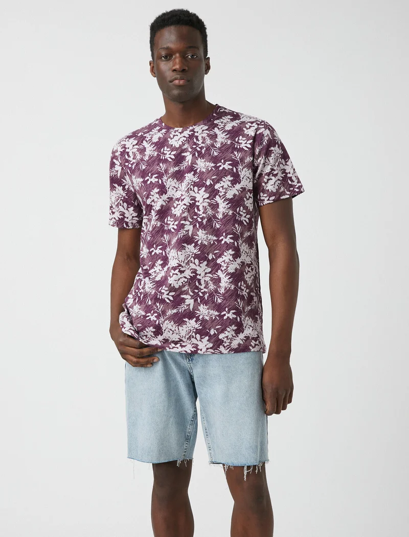 KOTON Men’s Purple Floral Print T-Shirt – Casual Summer Crew Neck Tee