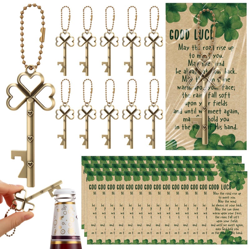 Vesici 30 Set St Patricks Day Bulk Shamrock Skeleton Key Beer Bottle Opener with Good Luck Clover Cards Vintage Irish Party Favors Appreciation Gift for Employee Coworker Family - Image 2