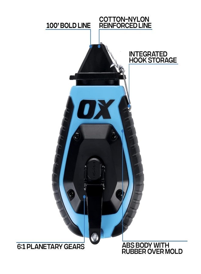 OX Tools OX Pro 100ft Chalk Line ABS Plastic with Rubber Grip with Chalk Powder 4oz - 6:1 Gear Ratio with Cotton Nylon Standard Bold Line Pointed Tip Chalk Line Tool Chaclain Para Construccin - Image 2