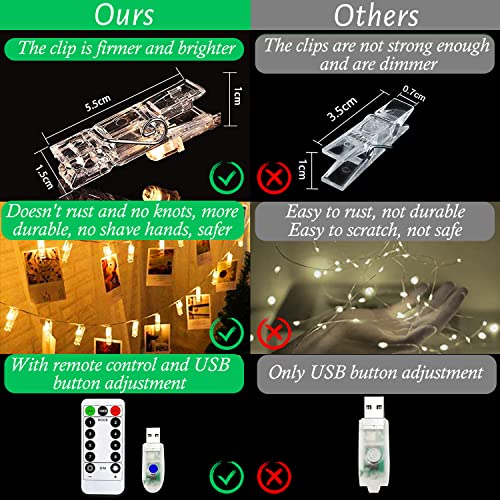 LiyuanQ 40 LED Photo Clip String Lights with Remote, 8 Modes Indoor Fairy String Lights for Hanging Photos Pictures Cards and Memos, Ideal Gift for Bedroom Decoration (USB Operated, Warm White) - Image 4