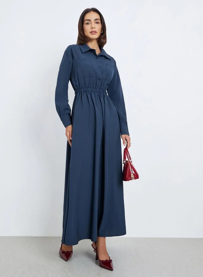 Styli Solid Shirt-style elastic waist casual MAXI Dress