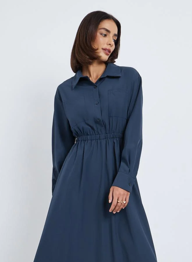 Styli Solid Shirt-style elastic waist casual MAXI Dress