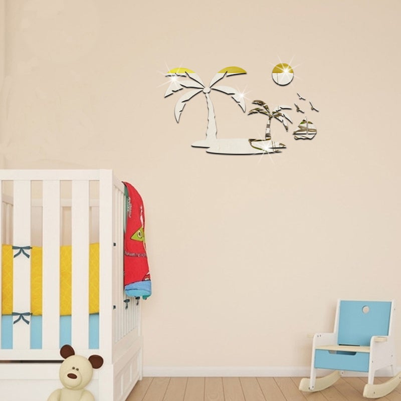 2pcs Palm Trees Birds Sticker 3D Mirror Wall Sticker Removable DIY Wall Decal Decor Lovely Birds Mirror Decoration Living Room Bedroom Background( ) - Image 5