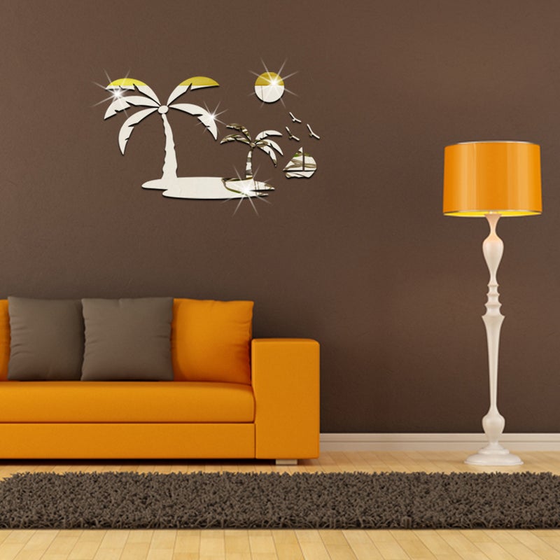 2pcs Palm Trees Birds Sticker 3D Mirror Wall Sticker Removable DIY Wall Decal Decor Lovely Birds Mirror Decoration Living Room Bedroom Background( ) - Image 4