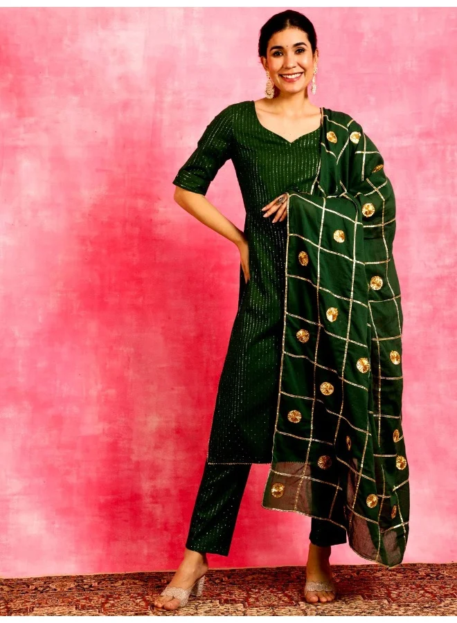 AKS Green Embellished Straight Alia-cut Kurta & Pant With Dupatta Set