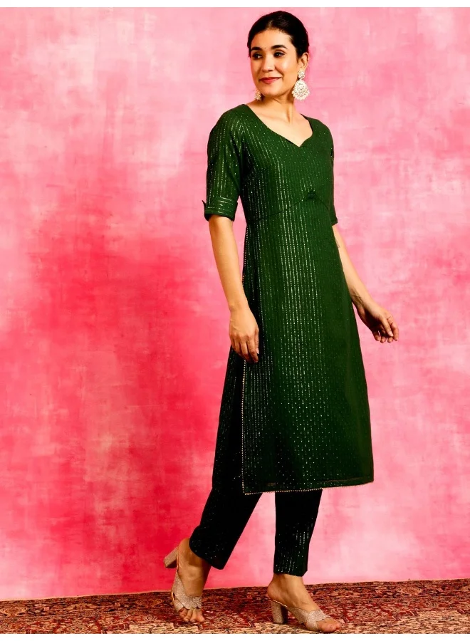 AKS Green Embellished Straight Alia-cut Kurta & Pant With Dupatta Set