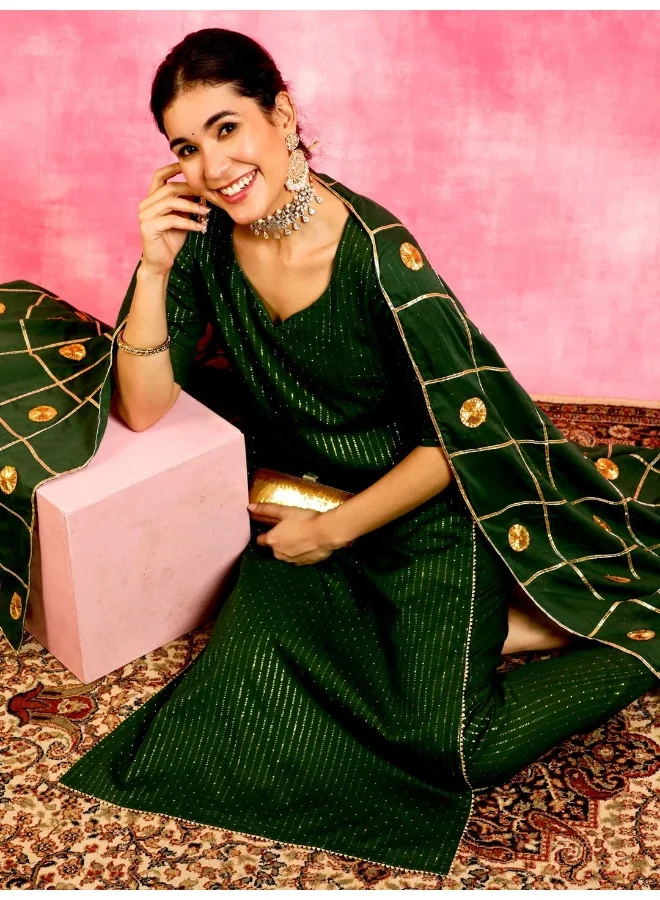 AKS Green Embellished Straight Alia-cut Kurta & Pant With Dupatta Set